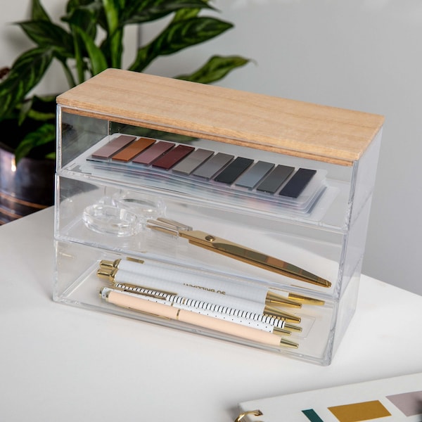 Martha Stewart Brody Clear Plastic Storage Organizer Bins W/ Light Natural Paulownia Wood Lid, Med 7.5in x 3in, 3PK BE-PB4516-3WD-CL-NT-MS - main
